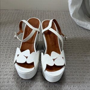 Chie Mihara White Platform Sandals with Scalloped Straps